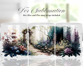 Könnte beinhalten: Drei weiße Tassen mit verschiedenen Aquarelldesigns eines Gartenwegs, der zu einem Torbogen führt. Der Text "For Sublimation 11oz, 12oz and 15oz mug wraps included" befindet sich oben im Bild.