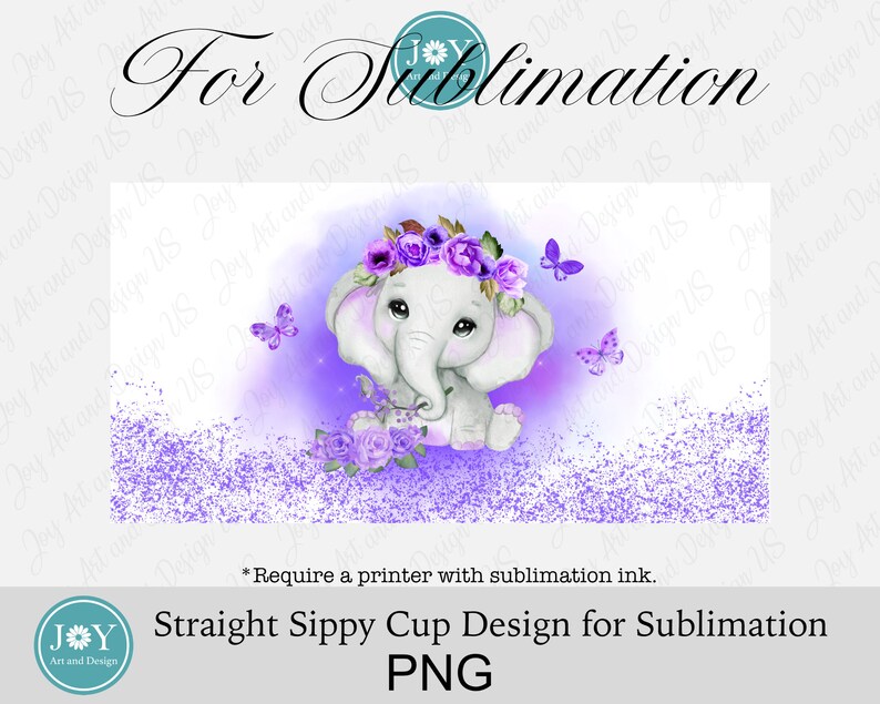 Puede incluir: Fondo de purpurina morado con un lindo elefante de dibujos animados que lleva una corona de flores y sostiene una flor morada. Mariposas vuelan alrededor del elefante. El texto "Straight Sippy Cup Design for Sublimation PNG" est&aacute; en la parte inferior de la imagen.