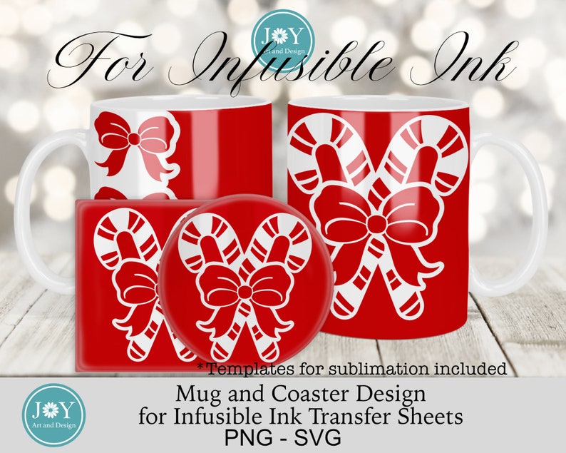 K&ouml;nnte beinhalten: Ein rotes Becher- und Untersetzer-Set mit einem wei&szlig;en Zuckerstangen- und Schleifendesign. Das Design ist f&uuml;r die Verwendung mit Sublimations-Transferfolien gedacht. Der Text "For Infusible Ink" befindet sich oben im Bild. Der Text "Templates for sublimation included" befindet sich unter dem Becher und dem Untersetzer. Der Text "Mug and Coaster Design for Infusible Ink Transfer Sheets PNG - SVG" befindet sich unten im Bild.