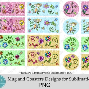 May include: A set of 12 sublimation designs featuring colorful floral patterns with swirls and butterflies. The designs are perfect for creating mugs and coasters.