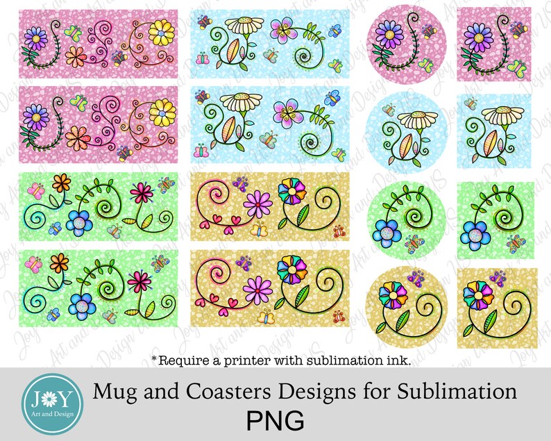 May include: A set of 12 sublimation designs featuring colorful floral patterns with swirls and butterflies. The designs are perfect for creating mugs and coasters.