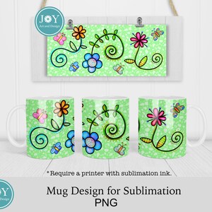 May include: A sublimation design for a mug featuring a green background with a floral pattern, butterflies, and swirls. The design is perfect for creating personalized mugs.