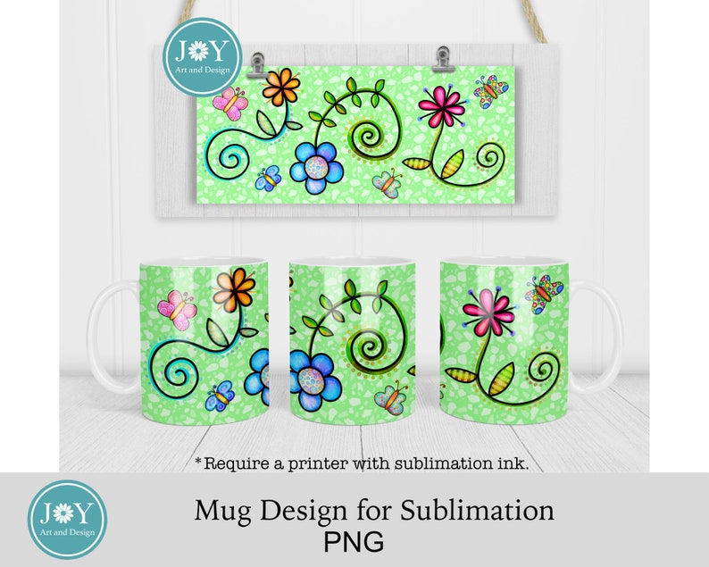 May include: A sublimation design for a mug featuring a green background with a floral pattern, butterflies, and swirls. The design is perfect for creating personalized mugs.
