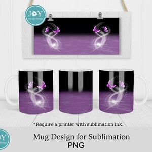 May include: A sublimation design for a mug featuring a purple and white gradient background with two purple butterflies and a white swirl. The text "*Require a printer with sublimation ink." and "Mug Design for Sublimation PNG" is included in the image.
