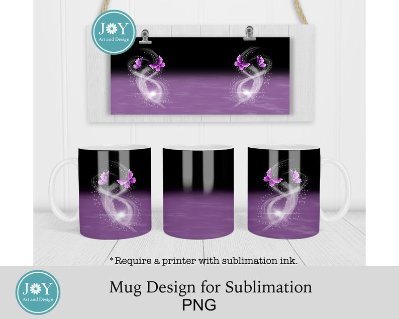 May include: A sublimation design for a mug featuring a purple and white gradient background with two purple butterflies and a white swirl. The text "*Require a printer with sublimation ink." and "Mug Design for Sublimation PNG" is included in the image.