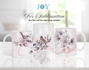 Mug Wrap Template PNG, Birds and Flowers Mug Sublimation Design, Coffee Mug Template, Digital Mug Press Design, 11 oz 12 oz 15 oz Mug PNG
