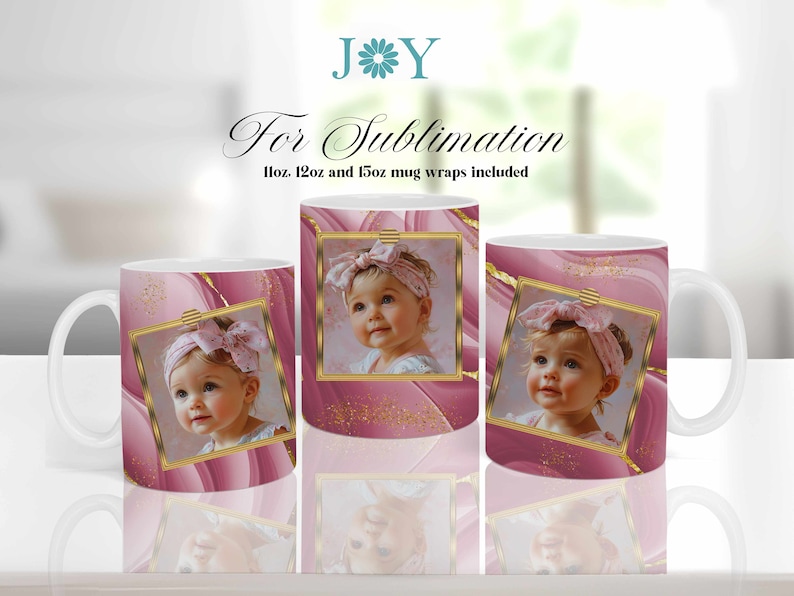 May include: Three white ceramic mugs with pink and gold designs. Each mug features a photo of a young child with a pink bow in their hair. The mugs are for sublimation and include 11oz, 12oz, and 15oz mug wraps.