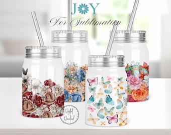 May include: Four clear glass mason jars with silver lids and straws. Each jar has a different floral design. The designs include butterflies, roses, and blue flowers. The jars are labeled "JOY For Sublimation".
