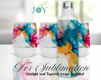 12 oz Wine Set Tumblers Sublimation Design, Instant Download Wine Gift Set PNG, Alcohol Ink Sublimation Tumbler Bottle and Wine Glasses