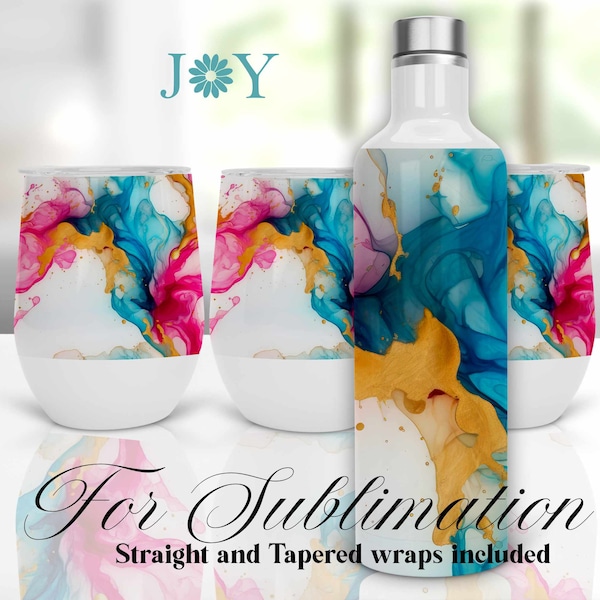 12 oz Wine Set Tumblers Sublimation Design, Instant Download Wine Gift Set PNG, Alcohol Ink Sublimation Tumbler Bottle and Wine Glasses