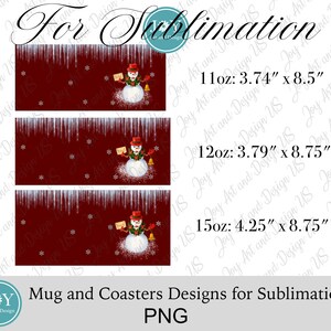 Peut inclure: Trois designs de sublimation repr&eacute;sentant un bonhomme de neige avec un chapeau et une &eacute;charpe rouges tenant une lettre. Les designs sont pour des mugs de 11oz, 12oz et 15oz. L'arri&egrave;re-plan est rouge fonc&eacute; avec des flocons de neige et des gla&ccedil;ons blancs.