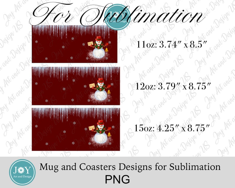 Peut inclure: Trois designs de sublimation repr&eacute;sentant un bonhomme de neige avec un chapeau et une &eacute;charpe rouges tenant une lettre. Les designs sont pour des mugs de 11oz, 12oz et 15oz. L'arri&egrave;re-plan est rouge fonc&eacute; avec des flocons de neige et des gla&ccedil;ons blancs.