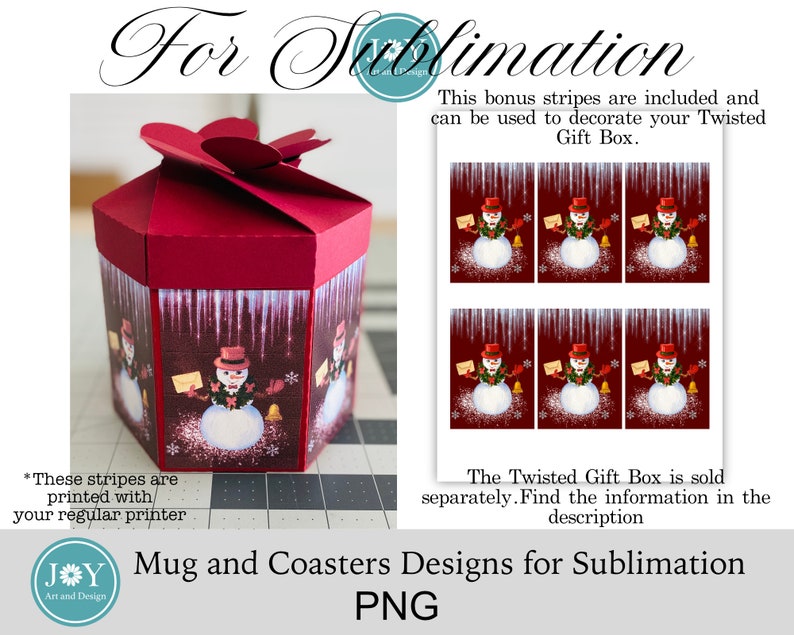 Peut inclure: Un motif de bonhomme de neige rouge et blanc pour la sublimation. Le motif repr&eacute;sente un bonhomme de neige avec un chapeau rouge, une &eacute;charpe et une cloche. Le motif est parfait pour les mugs, les sous-verres et autres projets de sublimation. Ce motif de bande bonus est inclus et peut &ecirc;tre utilis&eacute; pour d&eacute;corer une bo&icirc;te cadeau torsad&eacute;e.