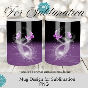 May include: A sublimation design for a mug featuring two purple butterflies with white wings, swirling around a white light, on a purple and black background.