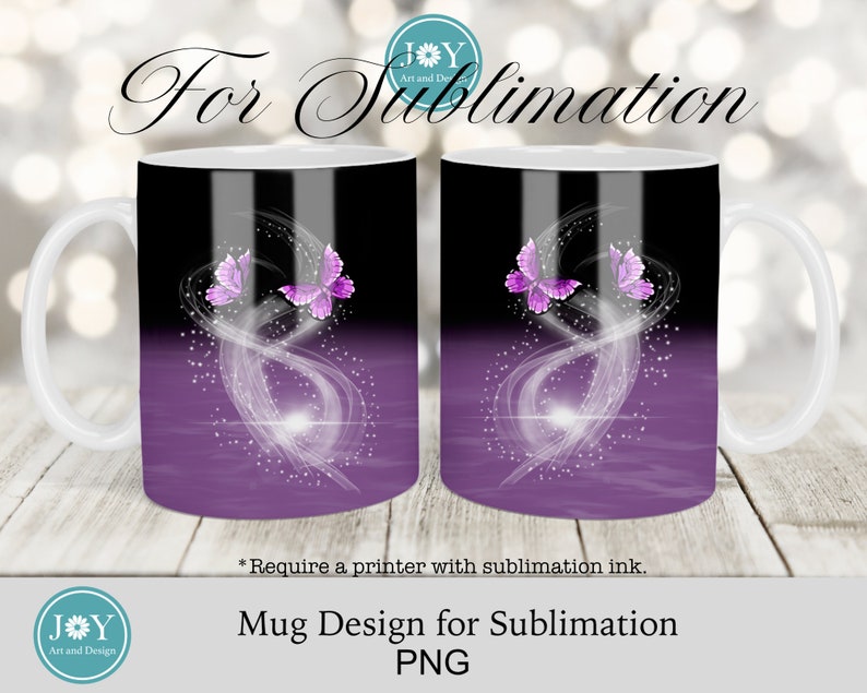 May include: A sublimation design for a mug featuring two purple butterflies with white wings, swirling around a white light, on a purple and black background.