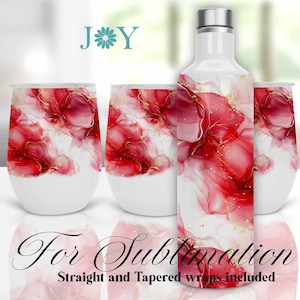 May include: Three stainless steel tumblers and a water bottle with a red, white, and gold abstract design. The design features swirling, flowing lines and shapes. The text "For Sublimation" and "Straight and Tapered wraps included" is at the bottom of the image.