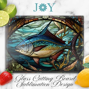 Faux Stained Glass Tunafish Cutting Board Sublimation Design, Glass Cutting Board PNG, Faux Stained Glass Cutting Board Template, Tuna PNG