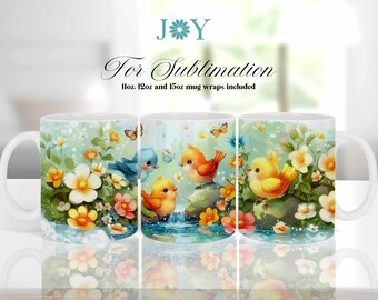 Coffee Mug Wrap Sublimation Design - 11oz, 12oz and 15oz Mug Templates Included - Instant Digital Download - Watercolor Birds PNG file