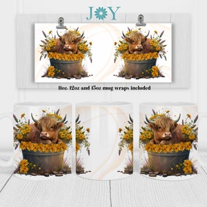 May include: A white ceramic mug with a brown Highland cow sitting in a pot of yellow flowers. The mug wrap design includes 11oz, 12oz and 15oz mug sizes.