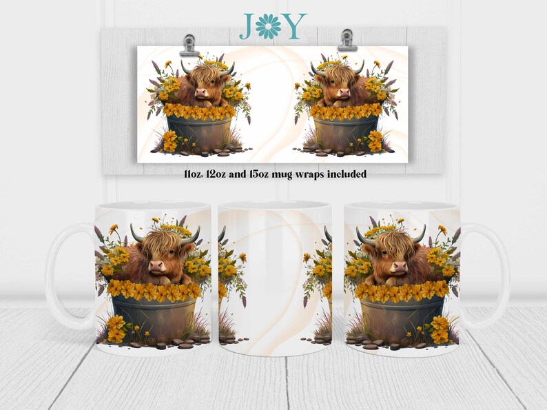 May include: A white ceramic mug with a brown Highland cow sitting in a pot of yellow flowers. The mug wrap design includes 11oz, 12oz and 15oz mug sizes.
