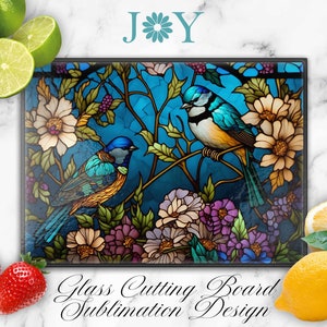 Faux Stained Glass Birds Cutting Board Sublimation Design, Glass Cutting Board PNG, Faux Stained Glass Cutting Board Template