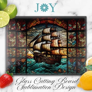 Faux Stained Glass Pirate Ship Cutting Board Sublimation Design, Glass Cutting Board PNG, Faux Stained Glass Cutting Board Template