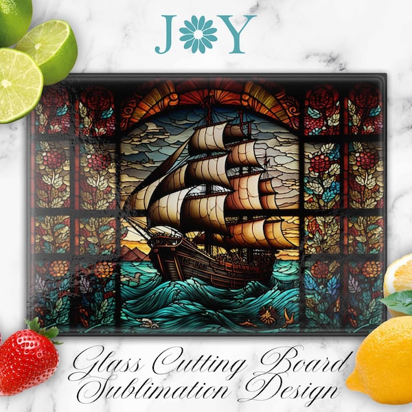 Faux Stained Glass Pirate Ship Cutting Board Sublimation Design, Glass Cutting Board PNG, Faux Stained Glass Cutting Board Template