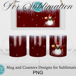 Peut inclure: Trois designs de sublimation repr&eacute;sentant un bonhomme de neige tenant une lettre et une cloche sur un fond rouge avec des flocons de neige blancs. Les designs sont pour une tasse et deux sous-verres.