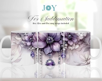 Coffee Mug Wrap Sublimation Designs - 11oz, 12oz and 15oz Instant Digital Download Mug Templates - Purple Flowers Mug Design