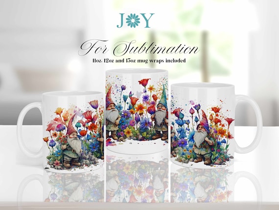 Watercolor Gnomes Mug Template, Sublimation Mug Design, 11oz 12oz and 15oz Mug Templates, Instant Download Coffee Mug Full Wrap PNG, Mug PNG