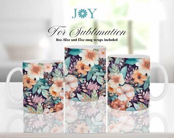 Watercolor Flowers Coffee Mug PNG, 11oz 12oz 15oz Mug & Coaster Templates, Digital Instant Download Mug Sublimation Design, Cricut Mug Wrap