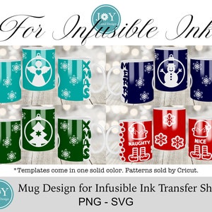 Pu&ograve; includere: Set di sei design di tazze di Natale con vari temi natalizi, tra cui un pupazzo di neve, un angelo, un albero di Natale e un folletto. Le tazze sono di colore turchese, verde, blu e rosso con fiocchi di neve bianchi e testo. Il testo sulle tazze include "Merry", "Xmas", "Naughty" e "Nice".