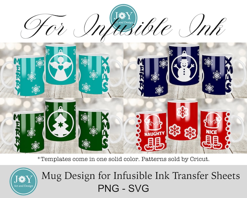 Pu&ograve; includere: Set di sei design di tazze di Natale con vari temi natalizi, tra cui un pupazzo di neve, un angelo, un albero di Natale e un folletto. Le tazze sono di colore turchese, verde, blu e rosso con fiocchi di neve bianchi e testo. Il testo sulle tazze include "Merry", "Xmas", "Naughty" e "Nice".