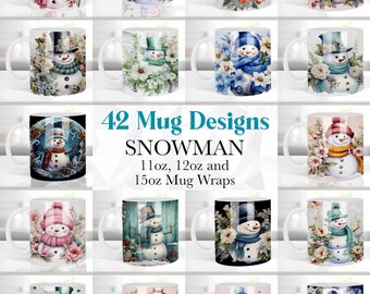 May include: A collection of 42 mug designs featuring watercolor snowmen with floral accents. The mugs come in 11oz, 12oz, and 15oz sizes. Each mug showcases a unique snowman design with hats, scarves, and various floral arrangements.