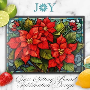 Christmas Poinsettia Stained Glass Cutting Board Sublimation Design, Glass Cutting Board PNG, Digital Instant Download Glass Cutting Board