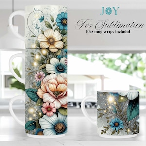 May include: White ceramic mugs with floral designs. The stacked mugs feature a large floral arrangement with blue, peach, and white flowers. A single mug displays a similar design. Text on the image reads "For Sublimation 10oz mug wraps included."