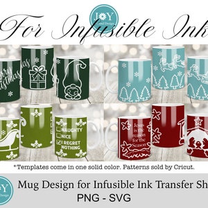 Pu&ograve; includere: Set di sei disegni di tazze a tema natalizio per fogli di trasferimento di inchiostro infusibile. I disegni includono una tazza verde con il testo "Buon Natale", una tazza verde con una scatola regalo, una tazza verde con un gnomo, una tazza blu con un motivo di albero di Natale, una tazza blu con una renna che tira una slitta, una tazza rossa con una scena della nativit&agrave;, una tazza verde con un motivo di agrifoglio, una tazza verde con una slitta e un uccello, una tazza verde con un elenco "Cattivo o Buono", una tazza rossa con il testo "Ges&ugrave; &egrave; la ragione della stagione", e una tazza rossa con una scena della nativit&agrave;.