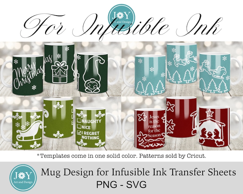 Pu&ograve; includere: Set di sei disegni di tazze a tema natalizio per fogli di trasferimento di inchiostro infusibile. I disegni includono una tazza verde con il testo "Buon Natale", una tazza verde con una scatola regalo, una tazza verde con un gnomo, una tazza blu con un motivo di albero di Natale, una tazza blu con una renna che tira una slitta, una tazza rossa con una scena della nativit&agrave;, una tazza verde con un motivo di agrifoglio, una tazza verde con una slitta e un uccello, una tazza verde con un elenco "Cattivo o Buono", una tazza rossa con il testo "Ges&ugrave; &egrave; la ragione della stagione", e una tazza rossa con una scena della nativit&agrave;.