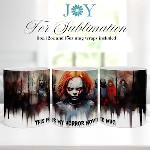 Horror Movie Coffee Mug Wrap, 11oz 12oz 15oz Mug Templates, Digital Instant Download Mug Sublimation Design, Horror Sublimation Mug PNG