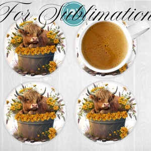 May include: Four round coasters featuring a Highland cow in a bucket of yellow flowers. The coasters are white with a brown wooden background.