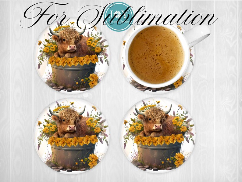 May include: Four round coasters featuring a Highland cow in a bucket of yellow flowers. The coasters are white with a brown wooden background.