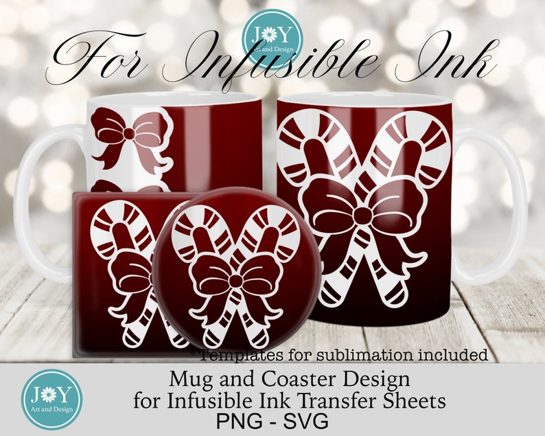 K&ouml;nnte beinhalten: Ein Satz Sublimationsdesigns f&uuml;r Tassen und Untersetzer mit einem roten und wei&szlig;en Zuckerstangen- und Schleifendesign. Der Text "For Infusible Ink" befindet sich oben im Bild. Der Text "Templates for sublimation included" befindet sich unter dem Bild der Tassen und Untersetzer. Der Text "Mug and Coaster Design for Infusible Ink Transfer Sheets PNG - SVG" befindet sich unten im Bild.