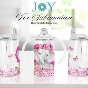 Baby Pink Elephant Straight Sippy Cup Sublimation Design, Digital Sublimation Cup Template, Kids Tumbler Design PNG, Sippy Cup Wrap Design