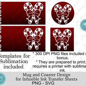 K&ouml;nnte beinhalten: Ein Satz Sublimationsvorlagen mit einem wei&szlig;en Zuckerstangen-Design mit einer roten Schleife. Die Vorlagen sind f&uuml;r Tassen und Untersetzer und beinhalten 300 DPI PNG-Dateien. Der Text "Templates for Sublimation included" und "Mug and Coaster Design for Infusible Ink Transfer Sheets PNG - SVG" ist im Bild enthalten.