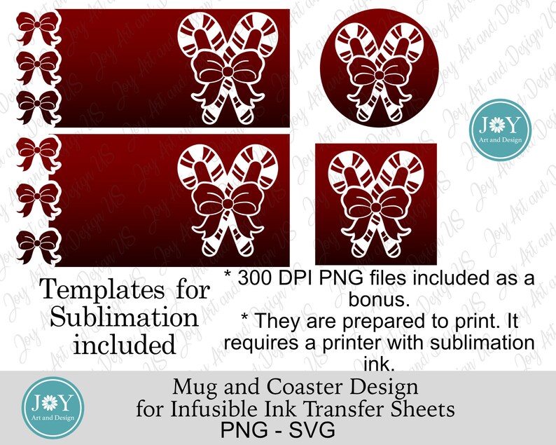 K&ouml;nnte beinhalten: Ein Satz Sublimationsvorlagen mit einem wei&szlig;en Zuckerstangen-Design mit einer roten Schleife. Die Vorlagen sind f&uuml;r Tassen und Untersetzer und beinhalten 300 DPI PNG-Dateien. Der Text "Templates for Sublimation included" und "Mug and Coaster Design for Infusible Ink Transfer Sheets PNG - SVG" ist im Bild enthalten.