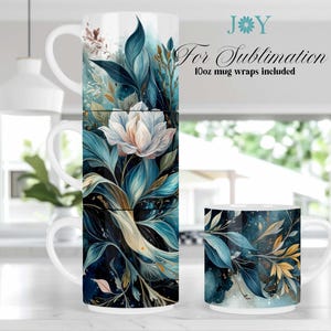Puede incluir: Tazas de cerámica blanca con diseños florales en tonos azul, verde azulado y dorado. Una taza está apilada encima de otras dos, mostrando un diseño envolvente completo. El texto "For Sublimation 10oz mug wraps included" es visible.