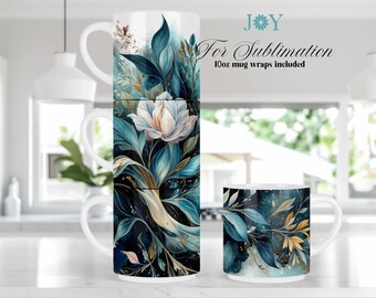 Könnte beinhalten: Weiße Keramikbecher mit floralen Designs in Blau-, Türkis- und Goldtönen. Ein Becher ist auf zwei anderen gestapelt und zeigt ein vollständiges Wrap-Design. Der Text "For Sublimation 10oz mug wraps included" ist sichtbar.