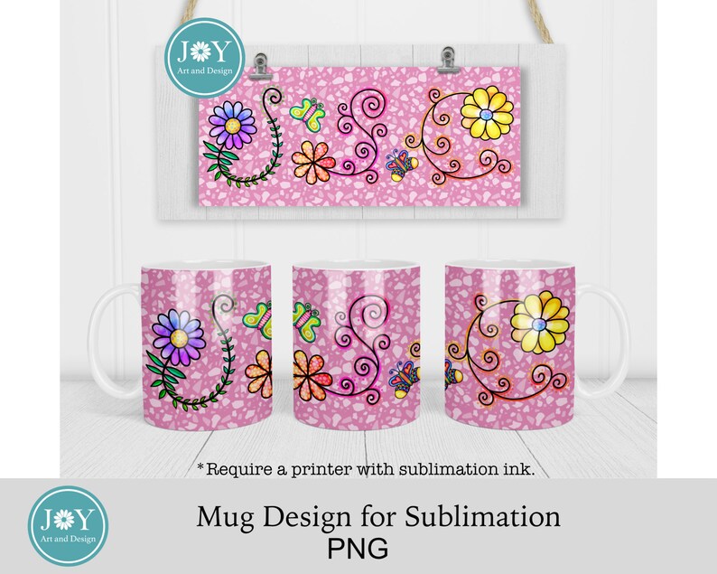 May include: Three white mugs with a pink background and a design of flowers, butterflies, and swirls. The design is in a variety of colors, including pink, yellow, blue, green, and orange. The text "Mug Design for Sublimation PNG" is at the bottom of the image.