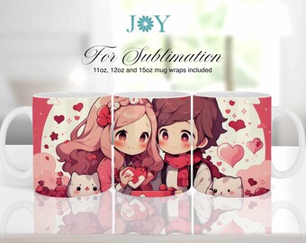 Design per sublimazione dell'involucro della tazza di San Valentino anime, modello per l'avvolgimento della tazza degli amici, design della tazza da caffè PNG, design della tazza per la sublimazione di San Valentino