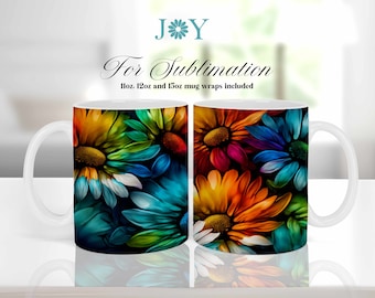 Becher Sublimationsdesign, Regenbogen Blumen Kaffeetasse PNG, Sublimationsbecher Full Wrap Vorlage, digitaler Download 11 Unze 12 Unze 15 Unze Becher Vorlagen
